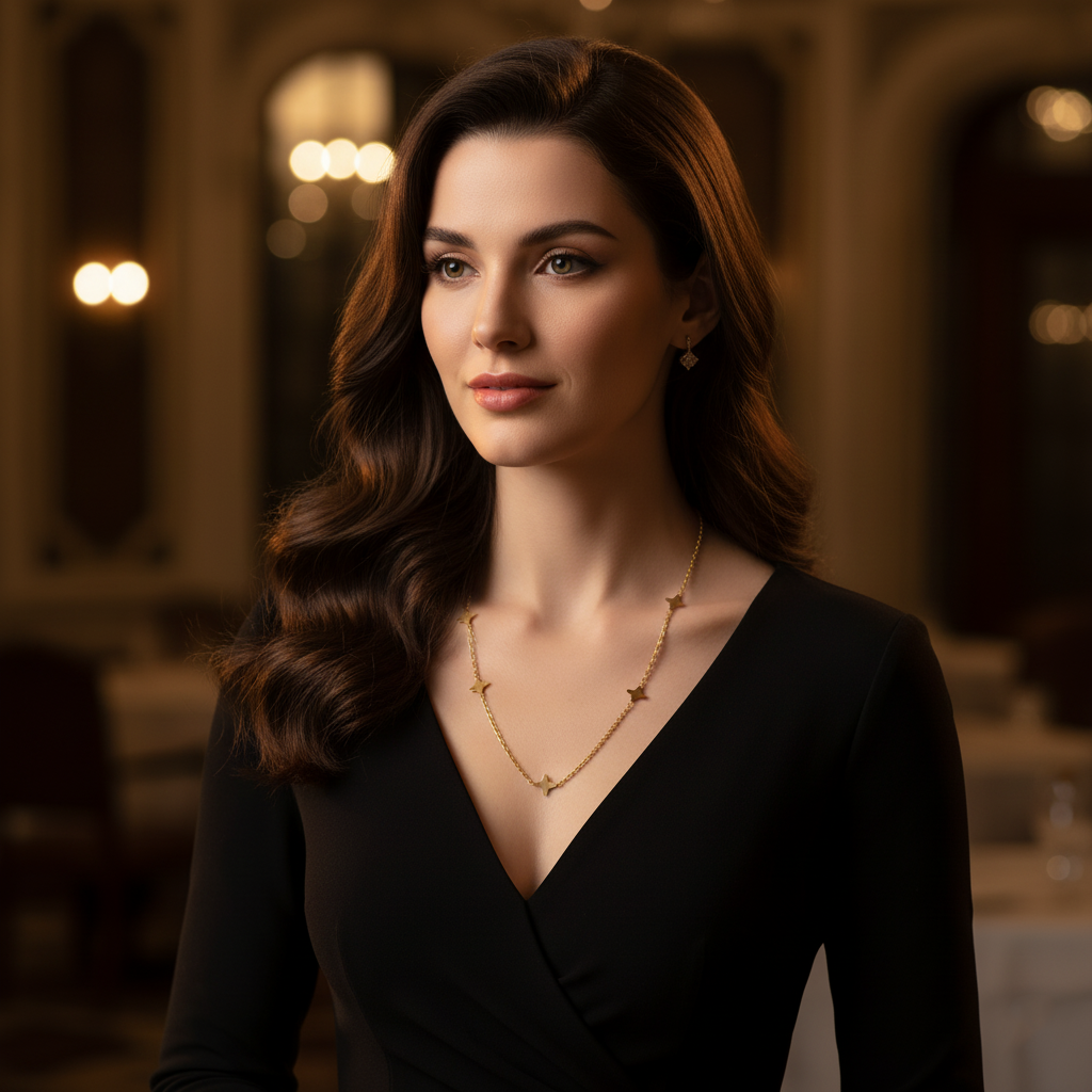 Woman wearing a black dress and gold necklace in an elegant indoor setting
