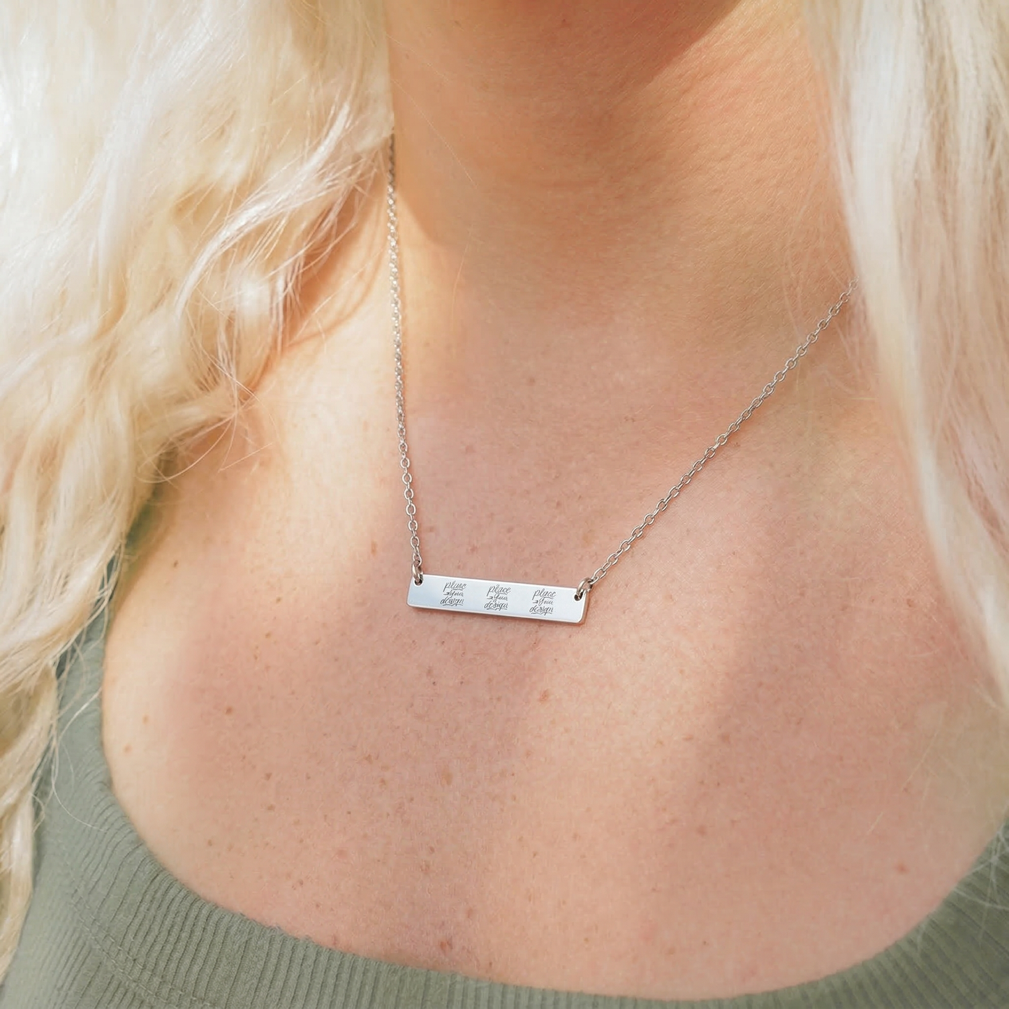 Engravable Horizontal Bar Necklace — Personalized Name & Date Pendant