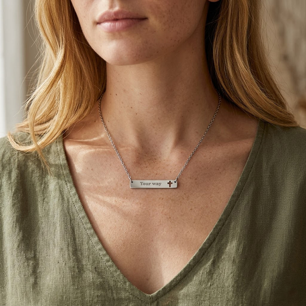 Engraved Cutout Cross Bar Necklace - Personalized 'Your Way' Pendant