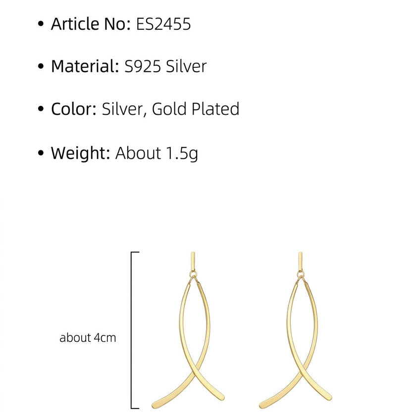 Gold earrings with product information on a white background