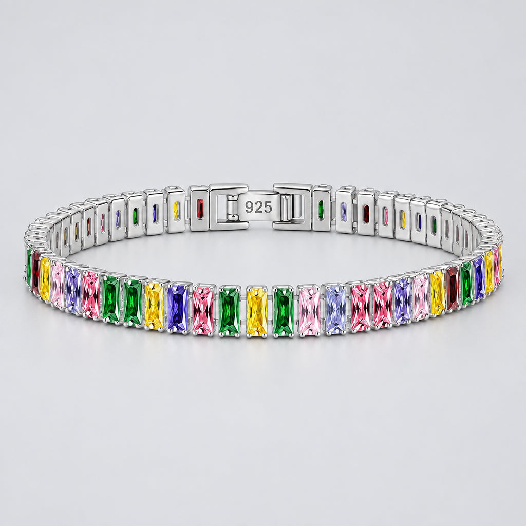 Multicolored gemstone bracelet with silver clasp on a white background, featuring 'JewelryTop' branding.